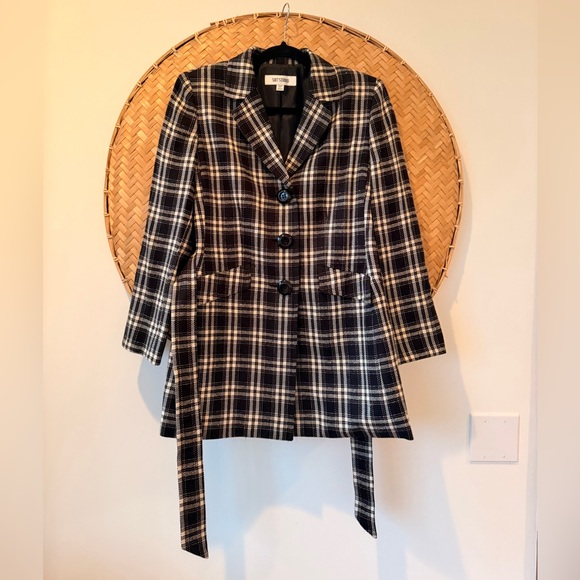 LE SUIT TRENCH-STYLE ELONGATED BELTED 90’S B&W PLAID JACKET SHOULDER PADS LINED - Picture 8 of 16